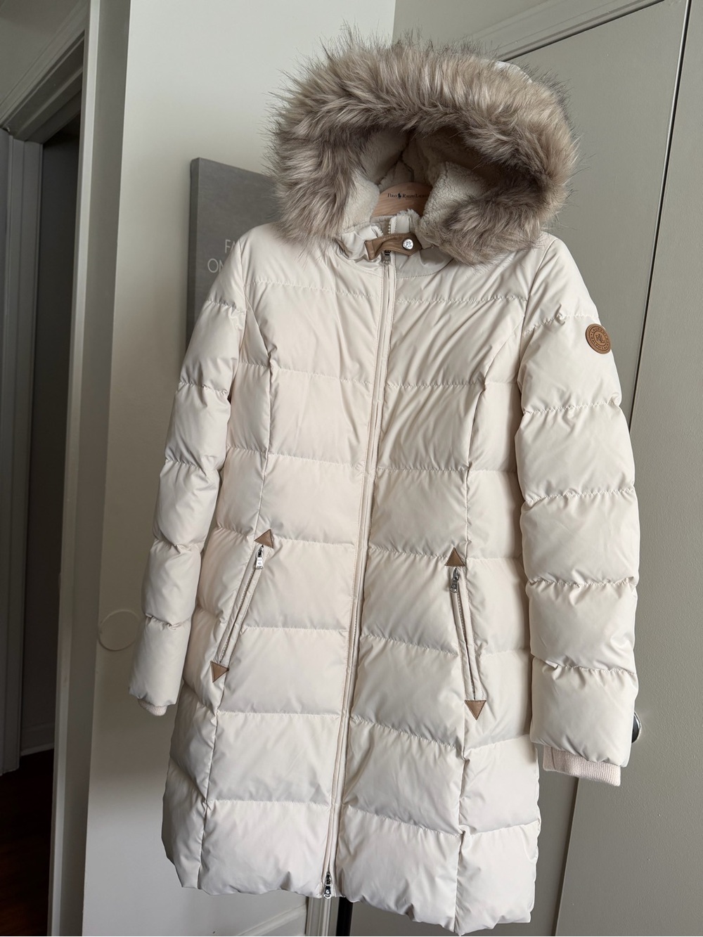 Polo by Ralph Lauren Cream Quilted Puffer Coat with Faux-Fur Hood